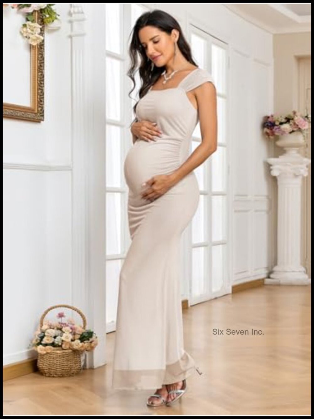 Maternity Maxi Dress Ruched Mesh Bodycon Sleeveless Mermaid - Picture 3 of 6